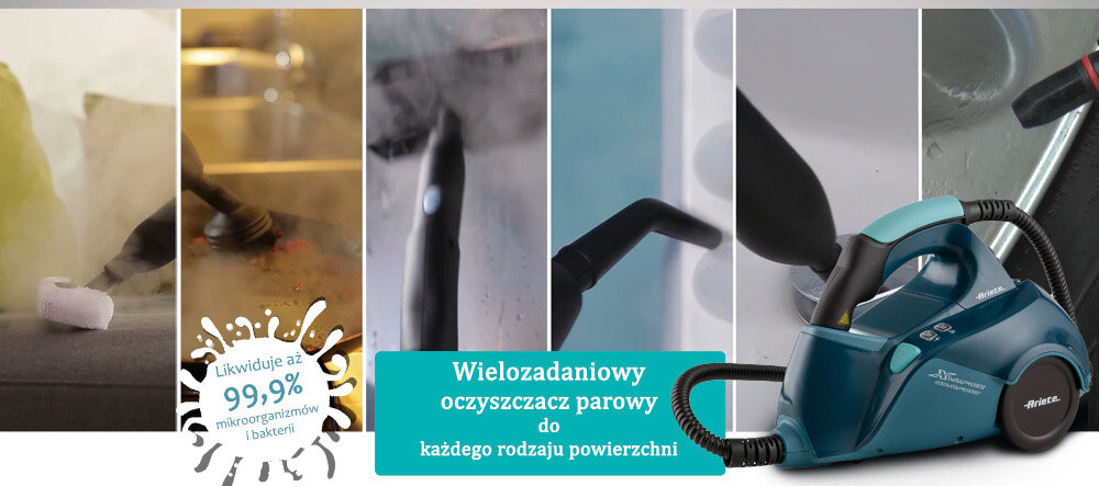 Obraz przedstawia wielozadaniowy oczyszczacz parowy z napisem \'Wielozadaniowy oczyszczacz parowy do każdego rodzaju powierzchni\'. Widoczne są różne zastosowania urządzenia oraz informacja \'Likwiduje aż 99,9% mikroorganizmów i bakterii\'.