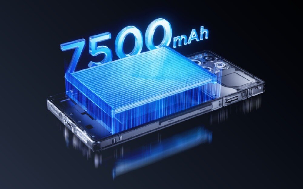 Smartfon REDMAGIC 11 Pro 5G Przekrój smartfona przedstawiający trójwymiarową grafikę akumulatora z cyfrowym oznaczeniem '7500 mAh'