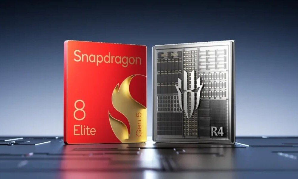 Smartfon REDMAGIC 11 Pro 5G Dwa kwadratowe układy scalone umieszczone obok siebie, z napisami 'Snapdragon 8 Elite' oraz logo i oznaczeniem 'R4'