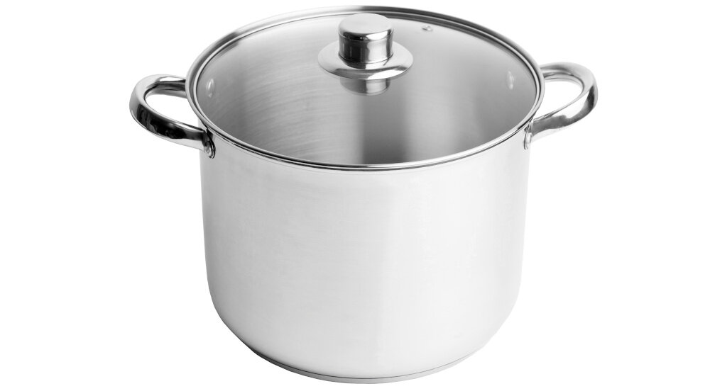 Na obrazie widoczny jest duży, metalowy garnek z pokrywką i dwoma uchwytami po bokach. Garnek ma błyszczącą powierzchnię i prosty, nowoczesny design.