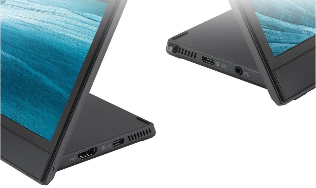 Obraz przedstawia dwa monitory z widocznymi portami HDMI, USB-C i gniazdem audio. Ekrany wyświetlają niebieski wzór przypominający fale.