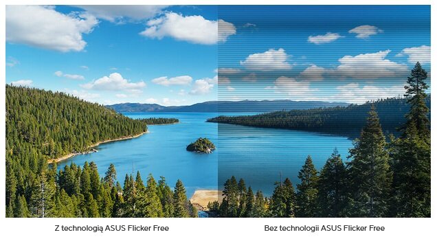 Obraz przedstawia porównanie widoku jeziora otoczonego lasem, podzielonego na dwie części: z technologią ASUS Flicker Free i bez niej. Po lewej stronie obraz jest wyraźny, a po prawej widoczne są poziome linie zakłócające jakość obrazu.
