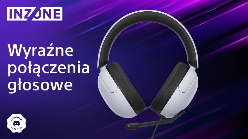 Na obrazie widoczne są białe słuchawki na tle fioletowych, dynamicznych linii. Tekst na obrazie: \'Wyraźne połączenia głosowe\', logo \'INZONE\' oraz \'Discord Certified\'.