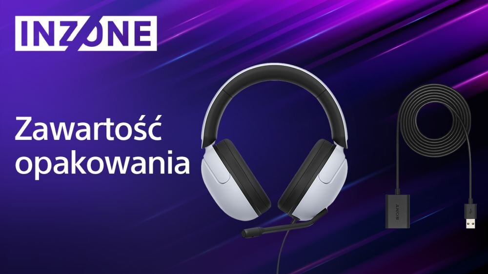 Na fioletowym tle widoczne są słuchawki nauszne z mikrofonem oraz kabel USB z adapterem. Tekst na obrazie: \'INZONE\', \'Zawartość opakowania\'.