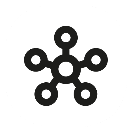 smartthings Czarny symbol przypominający sieć z sześcioma połączonymi okręgami na białym tle.