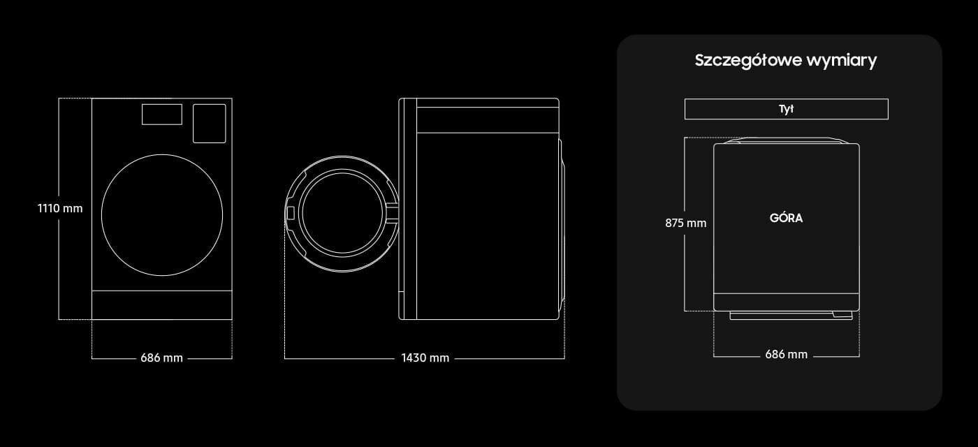 pralko-suszarka Samsung Bespoke AI COMBO WD18DB8995BZT2 Grafika przedstawia schematyczne rysunki pralko-suszarki z wymiarami: 1110 mm wysokości, 686 mm szerokości i 1430 mm głębokości. Po prawej stronie znajduje się dodatkowy rysunek z napisem \'Szczegółowe wymiary\', pokazujący tył urządzenia z wymiarami 875 mm wysokości i 686 mm szerokości.