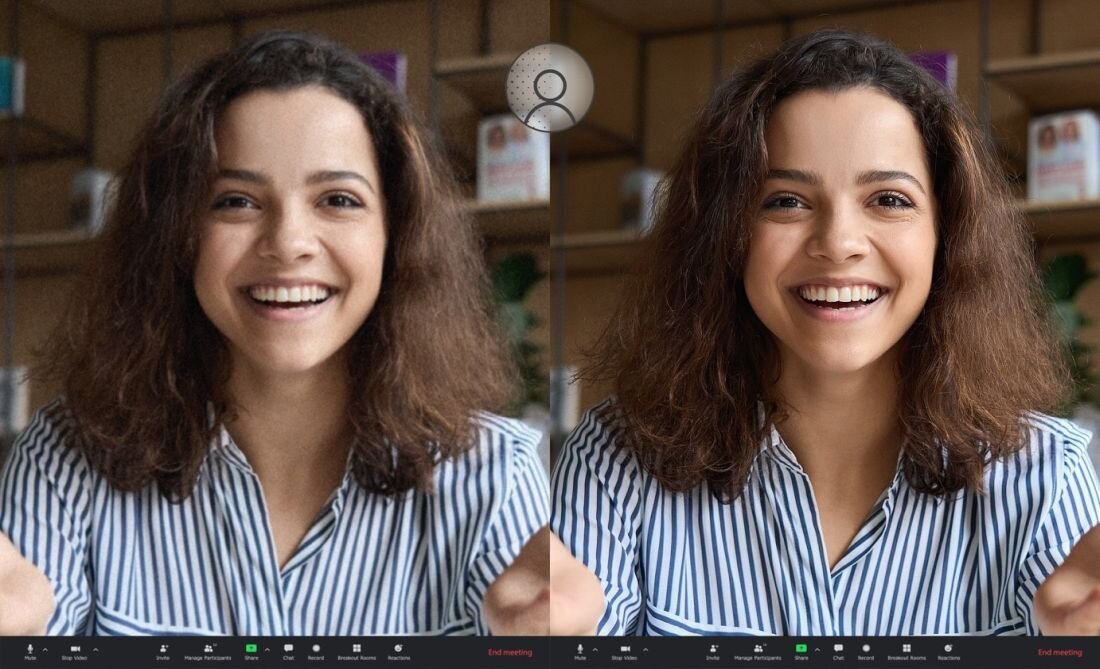 Obraz przedstawia dwie podobne fotografie tej samej kobiety w paskowanej koszuli, uśmiechniętej, siedzącej przed półką z książkami. Na dole obu zdjęć widoczny jest interfejs aplikacji do wideokonferencji z ikonami i przyciskami.