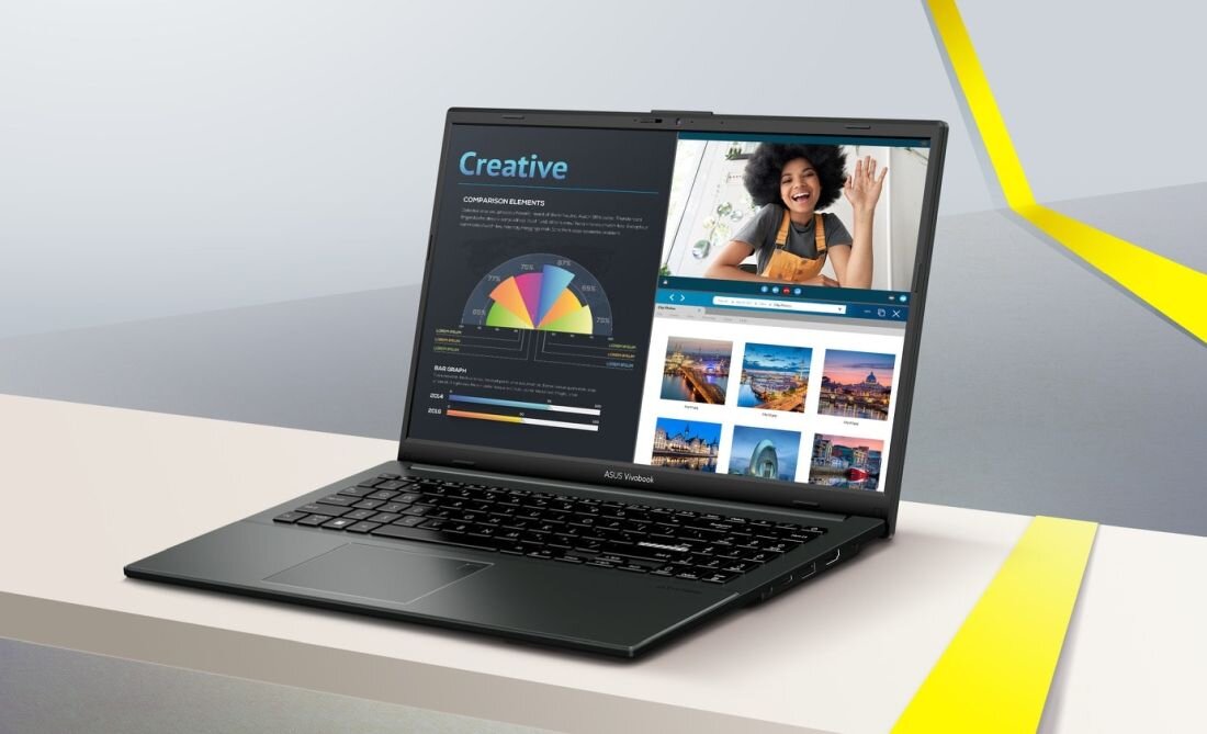 Laptop ASUS VivoBook z otwartym ekranem, na którym widoczne są wykresy i zdjęcia. Na obudowie znajduje się napis \'ASUS VivoBook\'.