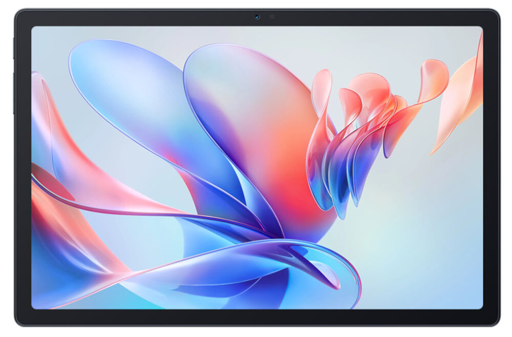 Tablet z dużym ekranem wyświetlający kolorową grafikę z abstrakcyjnymi kształtami w odcieniach niebieskiego, różowego i pomarańczowego. Obudowa tabletu jest w kolorze ciemnym.