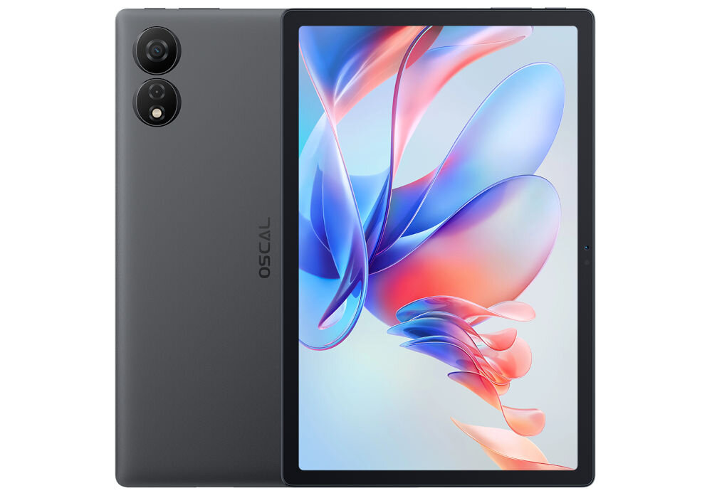 Tablet z dużym ekranem wyświetlającym kolorową grafikę, obok widoczny tył urządzenia z dwoma aparatami i logo \'OSCAL\'.