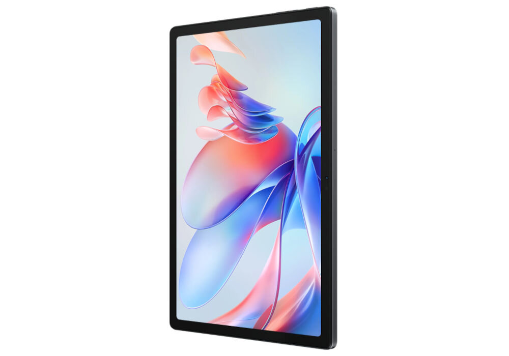 Tablet z dużym ekranem wyświetlający abstrakcyjną grafikę w kolorach niebieskim i różowym. Obudowa tabletu jest w kolorze ciemnym.