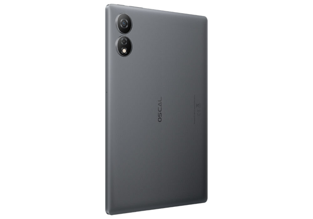 Tablet w kolorze ciemnoszarym z dwoma aparatami na tylnej obudowie. Na obudowie widoczne jest logo \'OSCAL\'.