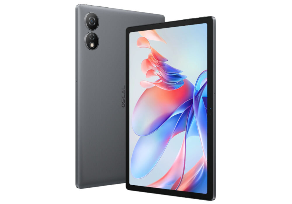 Na obrazie widoczny jest tablet z wyświetlaczem prezentującym kolorową grafikę oraz tylną obudową z dwoma aparatami. Na obudowie znajduje się napis \'OSCAL\'.