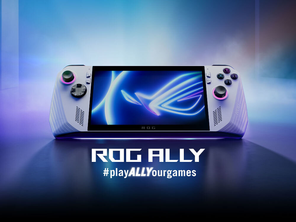 Na obrazie widoczna jest konsola z ekranem wyświetlającym logo ROG. Poniżej znajduje się tekst: \'ROG ALLY #playALLYourgames\'.