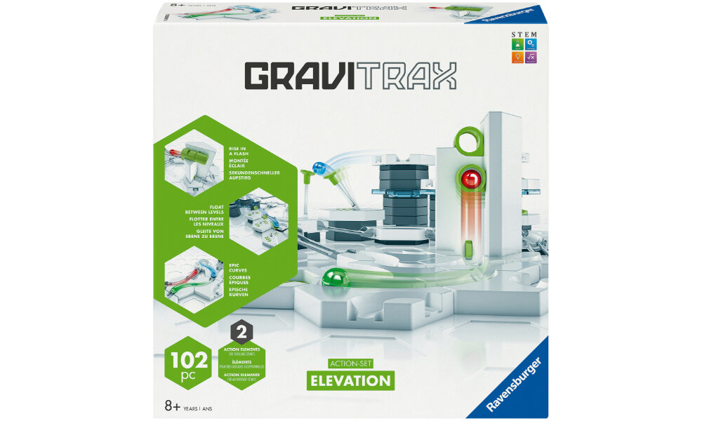 Opakowanie gry logicznej GraviTrax Base Zestaw startowy Elevation z widocznym logo Ravensburger. Na pudełku znajduje się ilustracja toru kulkowego oraz informacje: \'102 pc\', \'8+ years\', \'STEM\'.