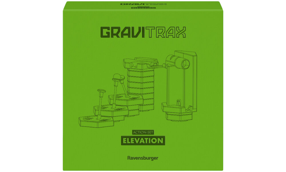 Zielone opakowanie z napisem \'GRAVITRAX\' oraz \'ACTION-SET ELEVATION\'. Widoczne są schematyczne rysunki elementów zestawu i logo \'Ravensburger\'.