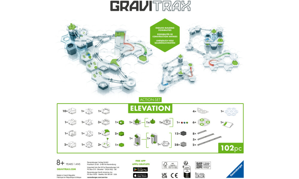 Opakowanie zestawu GraviTrax z ilustracją toru kulkowego i instrukcją montażu elementów. Widoczny tekst: \'GRAVITRAX\', \'ACTION-SET ELEVATION\', \'102pc\', oraz lista elementów zestawu z ich ilościami.