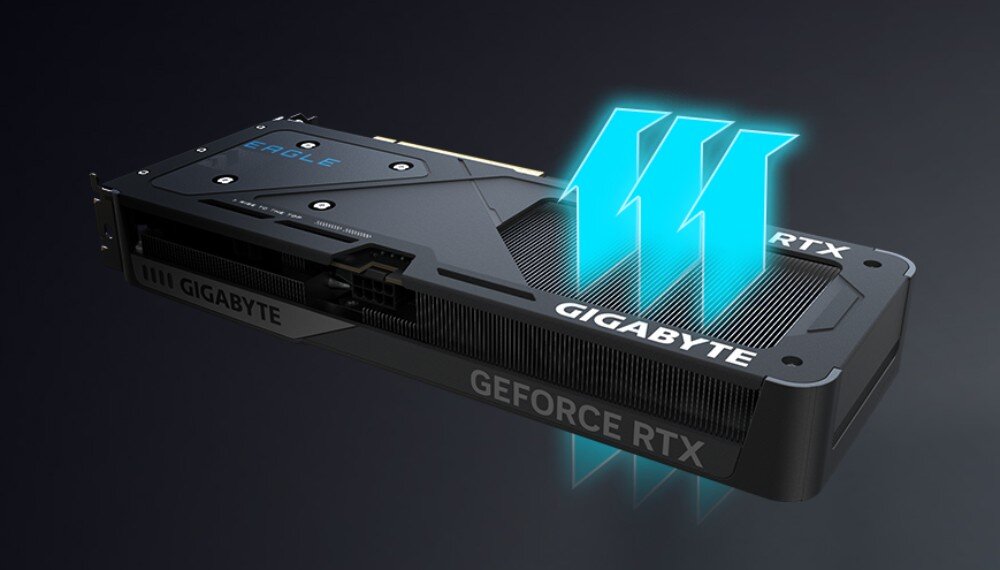 Obraz przedstawia kartę graficzną z widocznymi napisami \'GIGABYTE\', \'EAGLE\' i \'GEFORCE RTX\'. Z karty wychodzą niebieskie, świetliste strzałki symbolizujące przepływ powietrza.