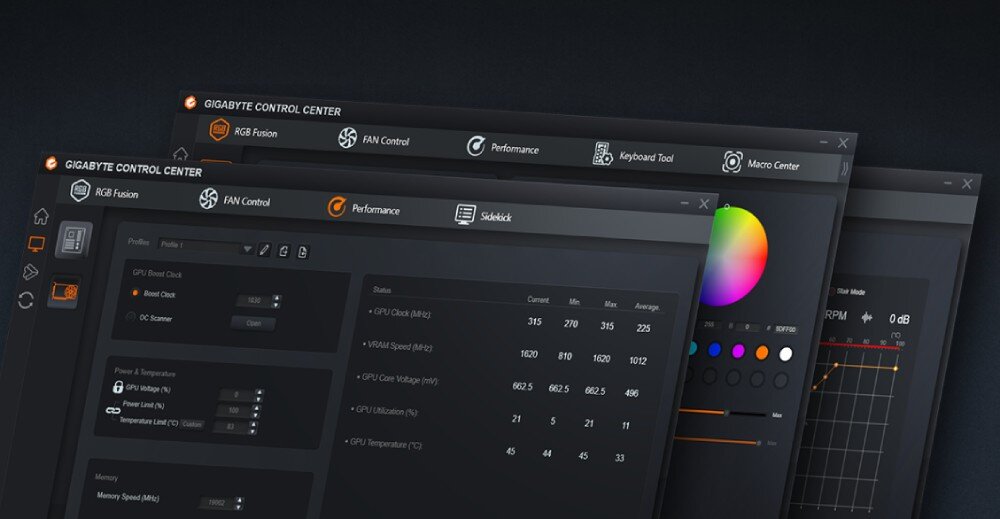 Na obrazie widoczne są trzy nakładające się okna programu GIGABYTE CONTROL CENTER z zakładkami takimi jak RGB Fusion, FAN Control, Performance. W oknach znajdują się różne ustawienia i wykresy dotyczące wydajności i kontroli wentylatorów.