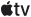 Logo przedstawia stylizowane jabłko z literami \'tv\' obok niego, wszystko w kolorze czarnym.
