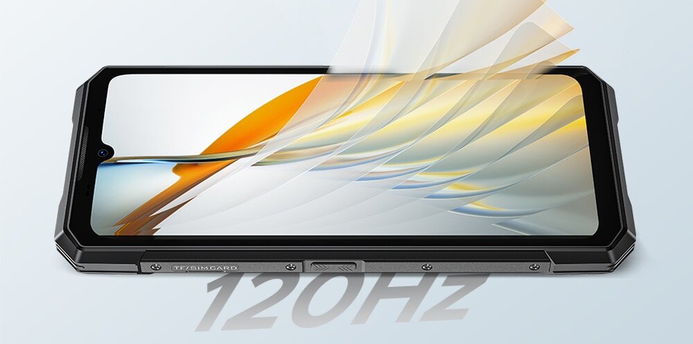 Smartfon z dużym ekranem, na którym widoczne są dynamiczne efekty graficzne. Na obudowie znajduje się napis \'120HZ\'.