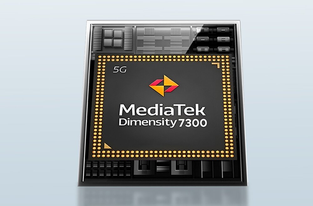 Obraz przedstawia układ scalony z napisem \'MediaTek Dimensity 7300\' oraz oznaczeniem \'5G\'. W tle widoczne są elementy elektroniczne.