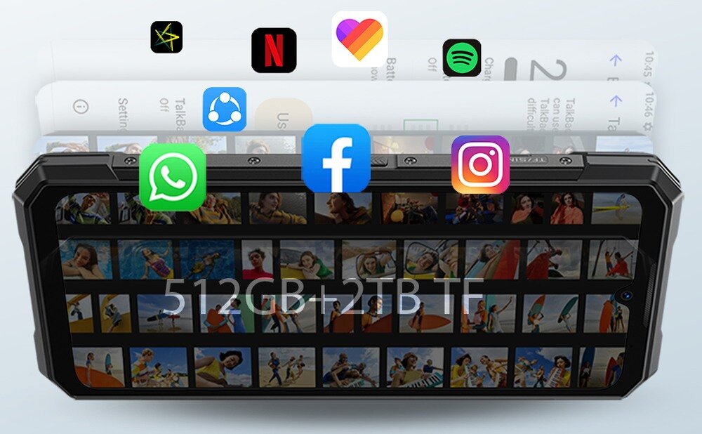 Obraz przedstawia smartfon z wyświetlaczem pokazującym siatkę miniatur zdjęć. Na ekranie widoczny jest tekst \'512GB+2TB TF\', a nad urządzeniem unoszą się ikony aplikacji takich jak WhatsApp, Facebook, Instagram, Netflix i Spotify.