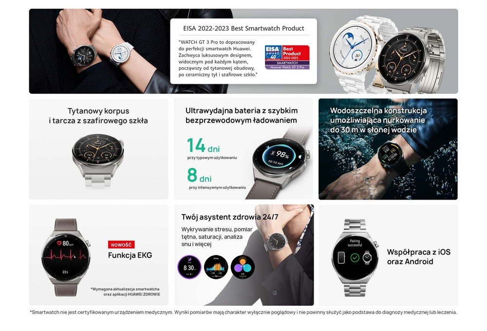 Obraz przedstawia różne funkcje i cechy smartwatcha, w tym tytanowy korpus, wodoodporność do 30 m, funkcję EKG oraz współpracę z iOS i Android. Widoczny jest tekst: \'EISA 2022-2023 Best Smartwatch Product\', \'14 dni przy typowym użytkowaniu\', \'8 dni przy intensywnym użytkowaniu\'.