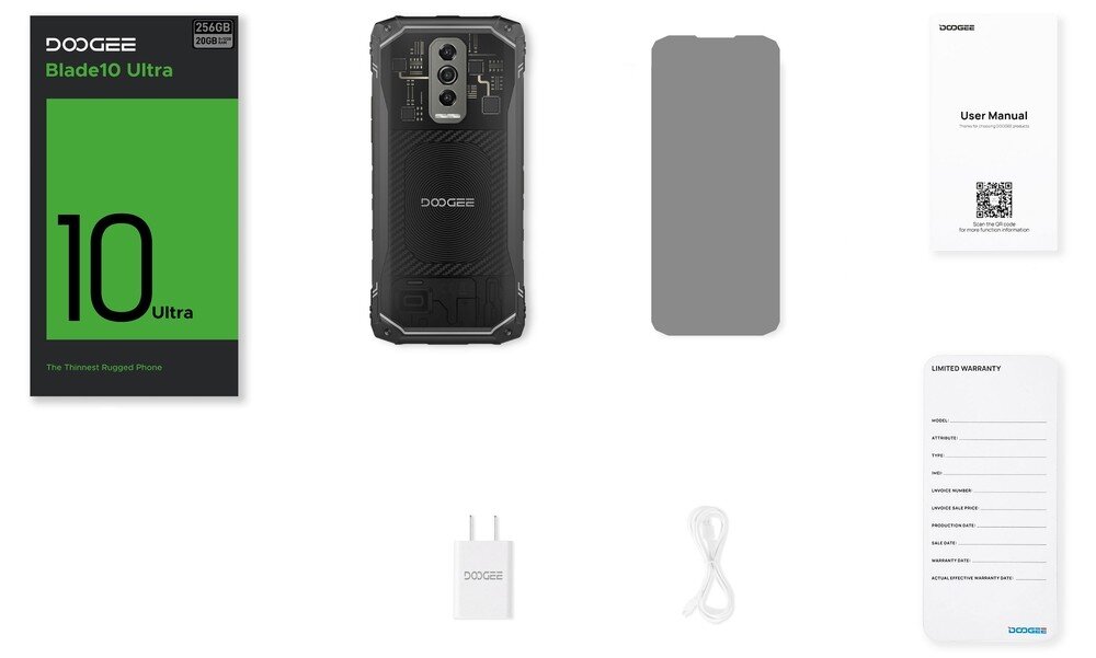 Na obrazie znajduje się zestaw smartfona DOOGEE Blade 10 Ultra, w skład którego wchodzą: opakowanie z napisem \'DOOGEE Blade10 Ultra\', smartfon z widocznym tyłem, ładowarka, kabel, instrukcja obsługi oraz karta gwarancyjna. Na opakowaniu widnieje napis \'256GB 200g\' oraz \'The Thinnest Rugged Phone\'.