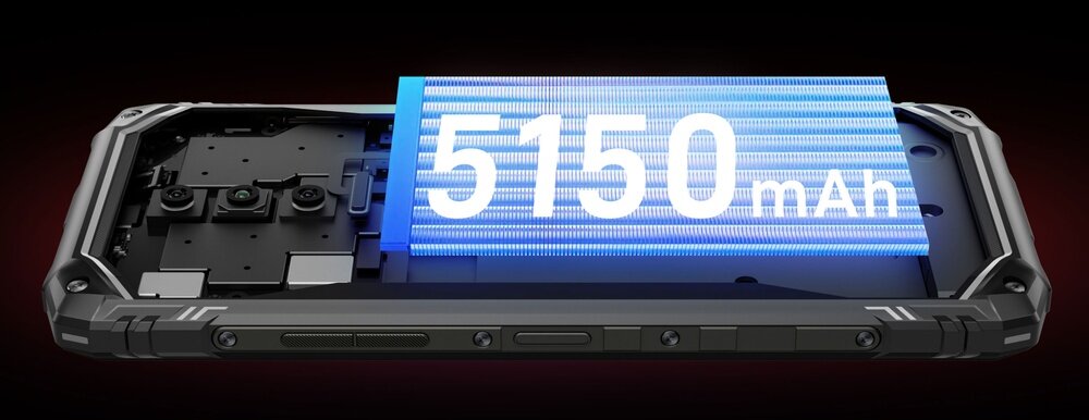 Obraz przedstawia smartfon z widoczną baterią o pojemności 5150 mAh. Telefon ma solidną obudowę z widocznymi przyciskami i elementami konstrukcyjnymi.