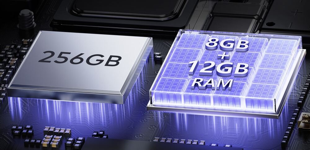 Obraz przedstawia dwa moduły pamięci na tle płyty głównej. Na jednym z nich widnieje napis \'256GB\', a na drugim \'8GB + 12GB RAM\'.