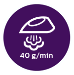 Fioletowa ikona z białym symbolem żelazka wydzielającego parę oraz napisem \'40 g/min\'.
