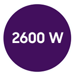 Fioletowe koło z białym napisem \'2600 W\'.