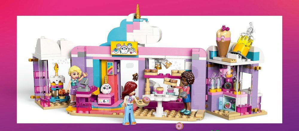 Zestaw LEGO przedstawiający kolorową kawiarnię z motywem jednorożca, zbudowaną z klocków w odcieniach różu, bieli i niebieskiego. Widać trzy figurki postaci oraz różne akcesoria, takie jak ciastka i napoje.