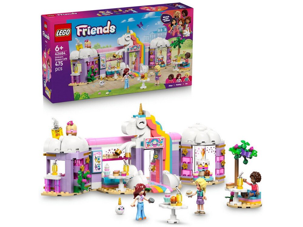 Zestaw LEGO przedstawia kolorową kawiarnię w kształcie jednorożca z elementami dekoracyjnymi i figurkami. Na opakowaniu widnieje napis \'LEGO Friends 6+ 42684 Unicorn Café 475 pcs\'.