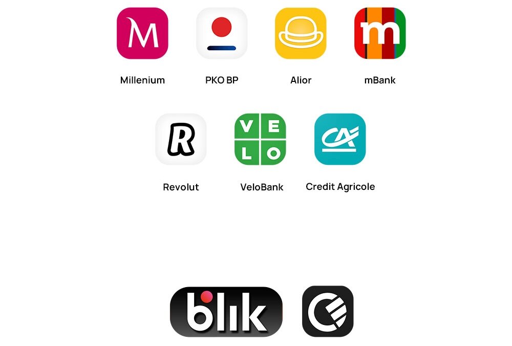 Obraz przedstawia ikony aplikacji bankowych: Millenium, PKO BP, Alior, mBank, Revolut, VeloBank, Credit Agricole oraz logo BLIK i innego systemu płatności. Każda ikona ma charakterystyczne kolory i symbole związane z daną marką.