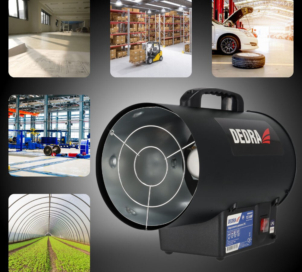 Nagrzewnica gazowa DEDRA DED9941A, ciepło, ocieplanie, pomieszczenia, ogrzewanie, Dedra DED9941A w centrum, wokół zastosowania: warsztat, magazyn, hala, garaż, tunel foliowy.