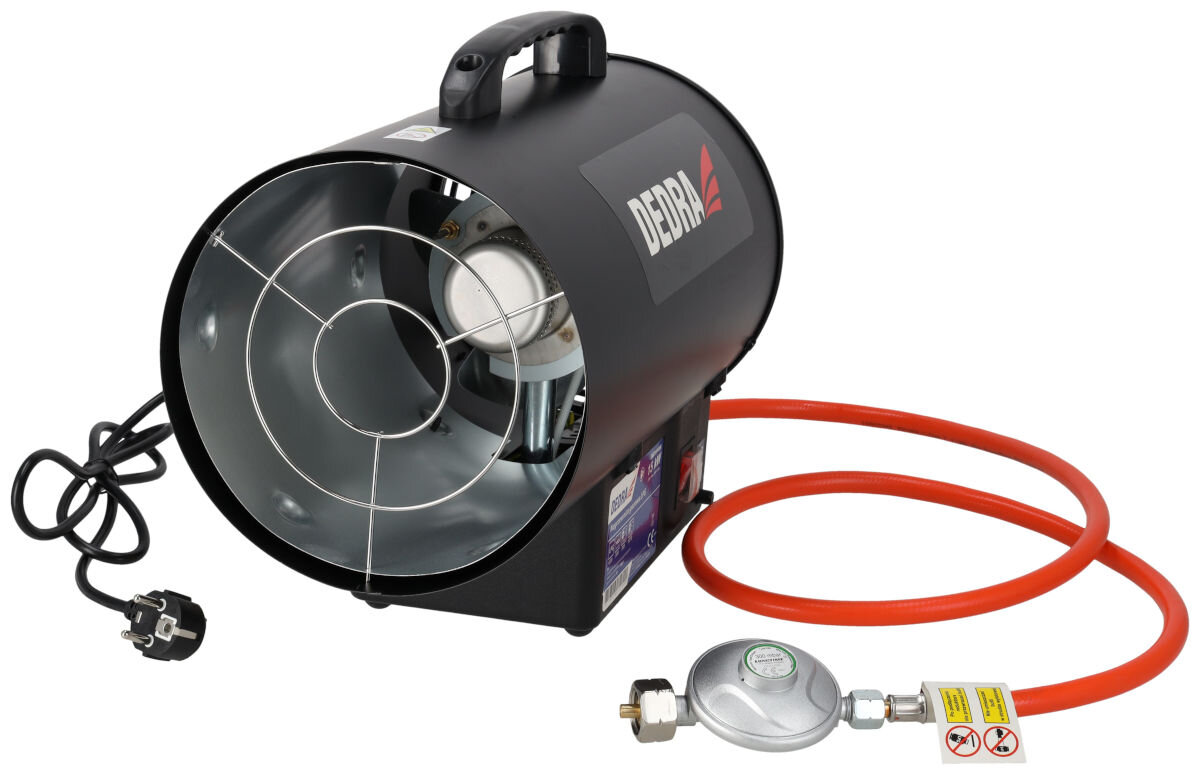 Nagrzewnica gazowa DEDRA DED9941A, szybko, ciepło, warsztat, hala, Nagrzewnica gazowa Dedra z uchwytem, przewodem gazowym i reduktorem, widok z boku