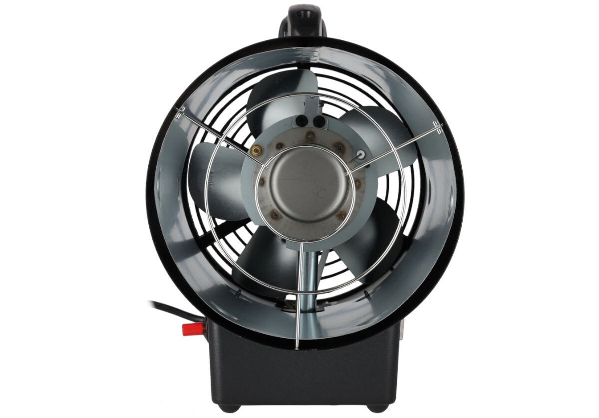 Nagrzewnica gazowa DEDRA DED9941A, wentylator, przepływ, równomiernie, komfort, Czołowy widok na wentylator i palnik nagrzewnicy gazowej DEDRA z metalową osłoną.
