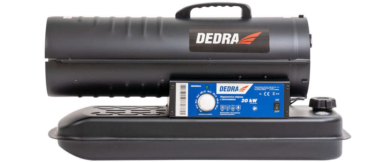 Nagrzewnica olejowa DEDRA DED9950A, zabezpieczenie, chłodna, obudowa, wentylacja,  Dedra DED9950A z boku, widoczny panel sterowania i zbiornik, uchwyt dla przenoszenia.