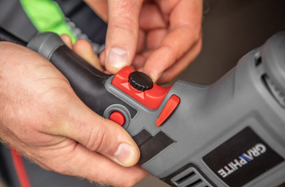 Wiertarka udarowa GRAPHITE 58G728 powolny rozruch narzędzia praktyczny przełącznik kierunku rotacji funkcja blokady włącznika