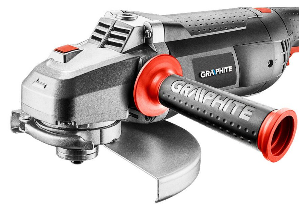 Szlifierka kątowa GRAPHITE 59G208 2-stopniowy przycisk przycisk blokady wrzeciona główna rękojeść pokryta antypoślizgowym materiałem rękojeść dodatkowa z 3-pozycyjnym mocowaniem dla osób prawo- i leworęcznych