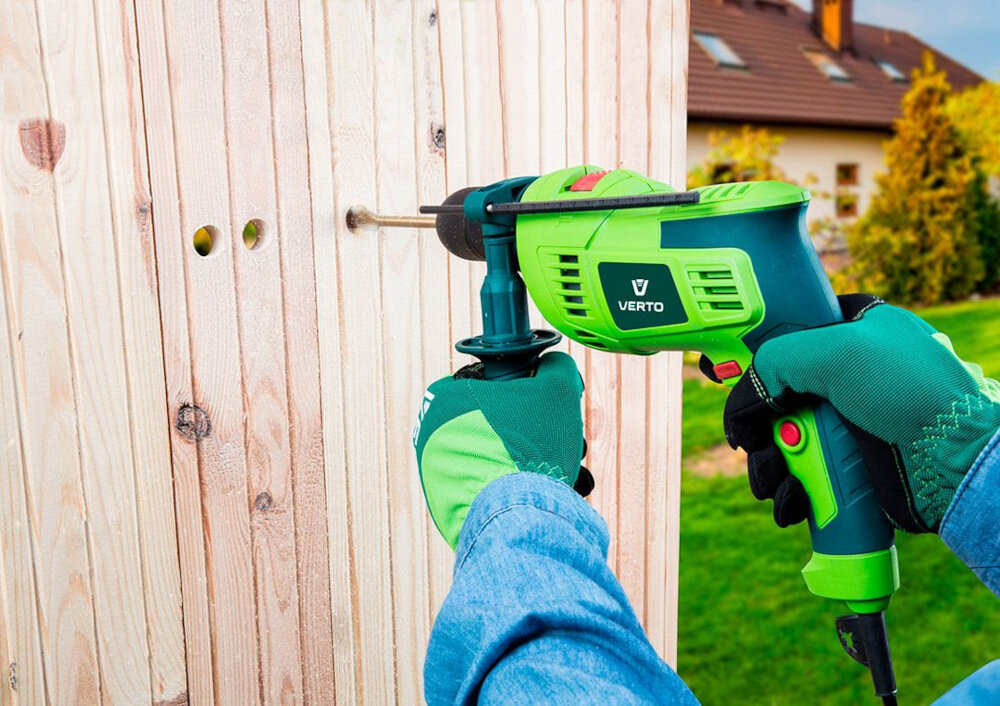 Wiertarka udarowa VERTO 50G528 solidny uchwyt kompaktowa konstrukcja do użytkowania w warunkach domowych do zastosowania w profesjonalnych i przemysłowych warsztatach ergonomiczna rękojeść główna rękojeść dodatkowa okładzina antypoślizgowa