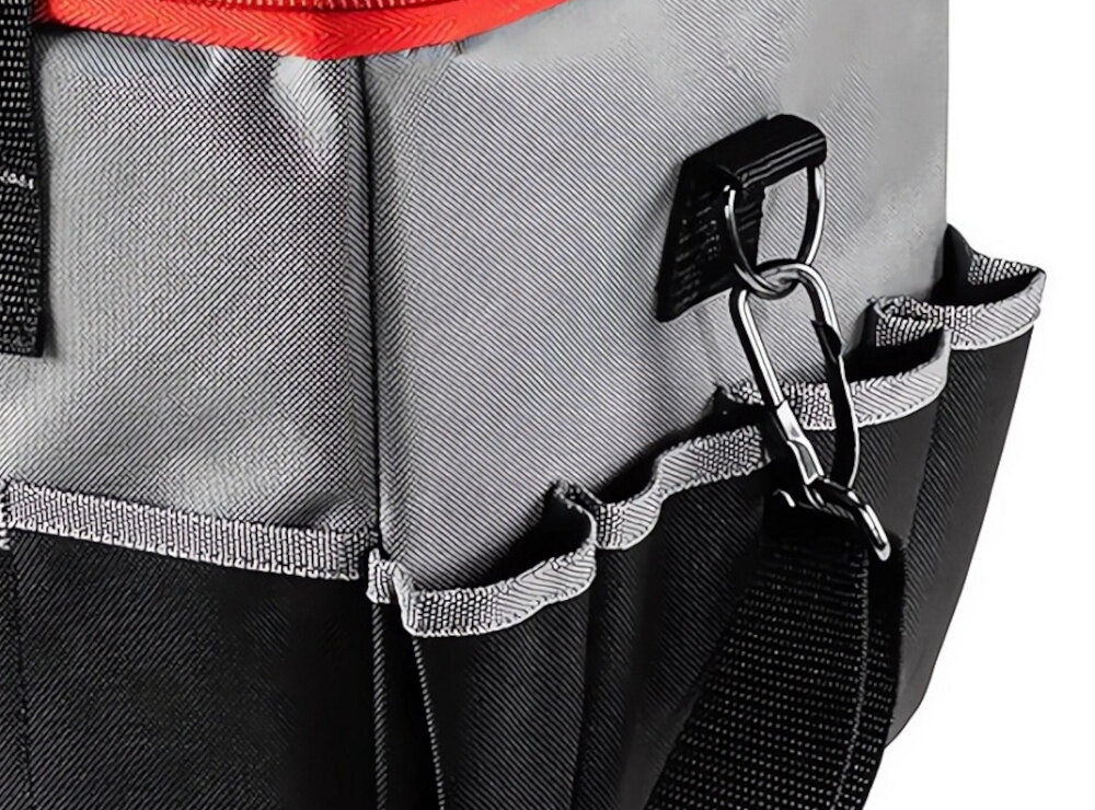 Torba narzędziowa GRAPHITE Energy + 58G021 zbliżenie na zaczep do paska ergonomiczny uchwyt do przenoszenia regulowany pasek na ramię dostosowany sposób przenoszenia do obciążenia i własnych preferencji
