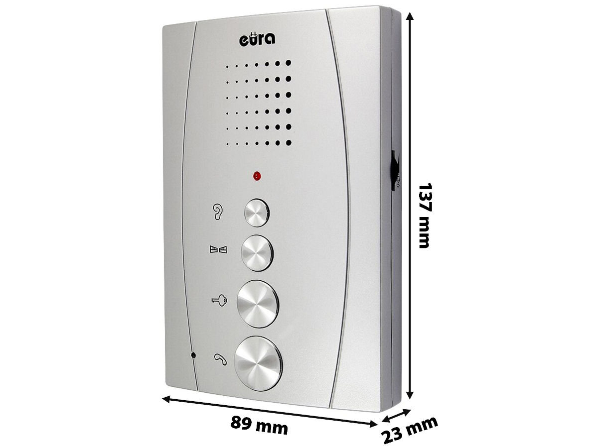 Unifon EURA ADA-13A3 Srebrny, oszczędność, niskie napięcie, bezpieczeństwo, zakres, Unifon EURA, srebrna obudowa, cztery przyciski sterujące, wymiary 137x89x23 mm, widoczne logo.