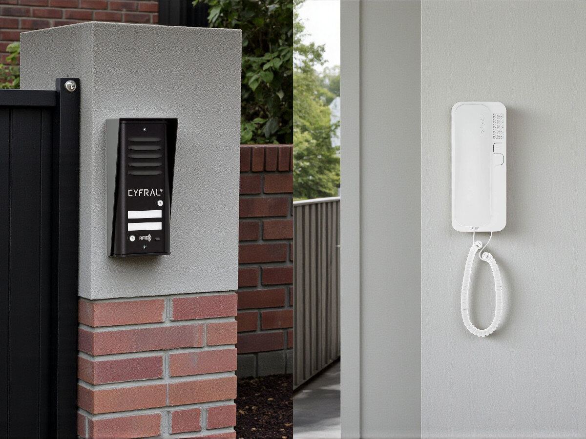 Zestaw domofonowy CYFRAL Cosmo R2 Czarny, domofon, dzwonienie, rozmowa, słuchawka, Na białym tle domofon w kolorze czarnym frontem prawo skos