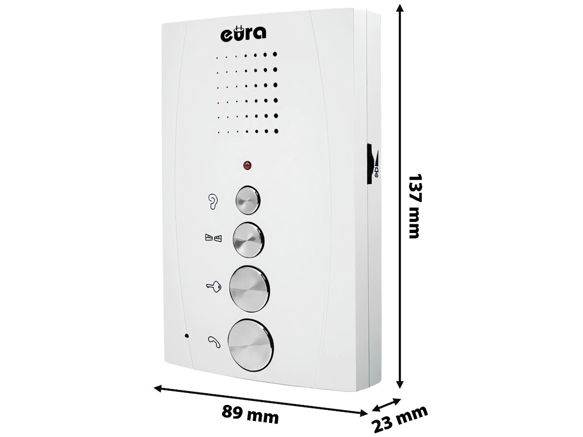 Unifon EURA ADA-11A3 Biały, instalacja, uniwersalność, cienka, estetyczna, Unifon EURA ADA-11A3 biały z widocznymi wymiarami 137x89x23 mm, 4 srebrne przyciski sterowania.