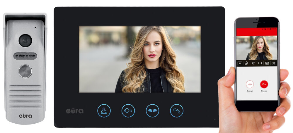 Wideodomofon EURA Feniks VDP-40A3 Czarny intuicyjny w obsłudze przycisk wywołania na kasecie zewnętrznej wywołanie monitora smartfon aplikacja mobilna Eura Connect odbieranie połączeń sterowanie ryglem elektromagnetycznym i automatem bramowym manualne wykonywanie zdjęć rejestrowanie filmów