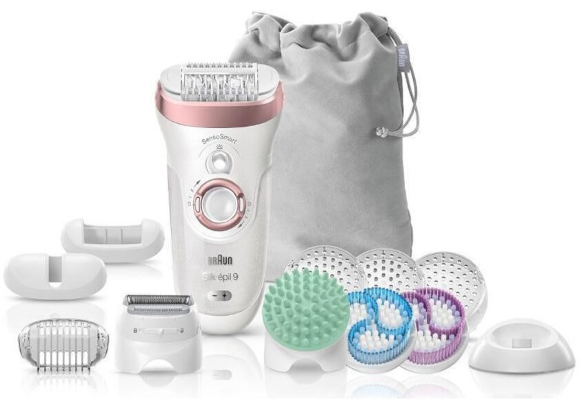 Depilator BRAUN Silk-epil 9-990 akcesoria wyposazenie dodatki golarka z trymerem nasadki stojak kosmetyczka technologia pomiaru sily nacisku szersza glowica usuwa wiecej wloskow niz wosk