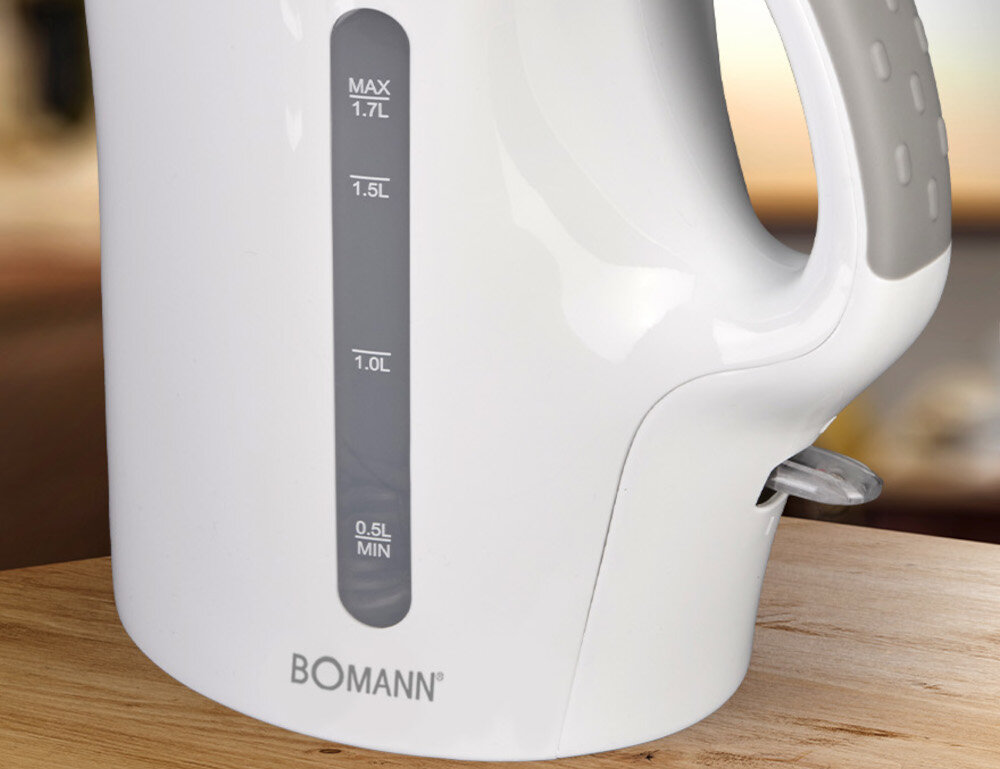 Czajnik BOMANN WK 5011 CB Biały uchylana pokrywa blokada napełnianie czyszczenie Element grzejny wykonanie stal nierdzewna  Dwa zewnętrzne wskaźniki poziomu wody  kontrola ilość część bazowa ze schowkiem